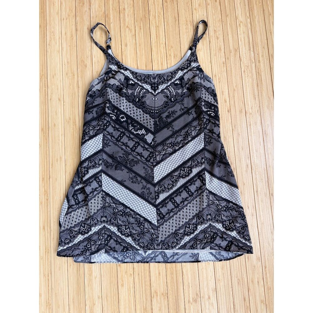CAbi Monaco Cami Black Cream Chevron Lace Print Spaghetti Strap Tank Medium